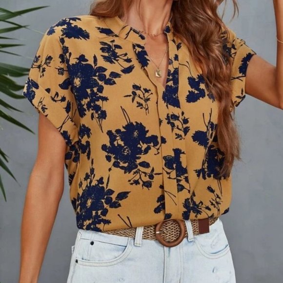 Boho Floral Pattern Notched Neck short sleeve Blouse top Carmel / Blue - Picture 3 of 7